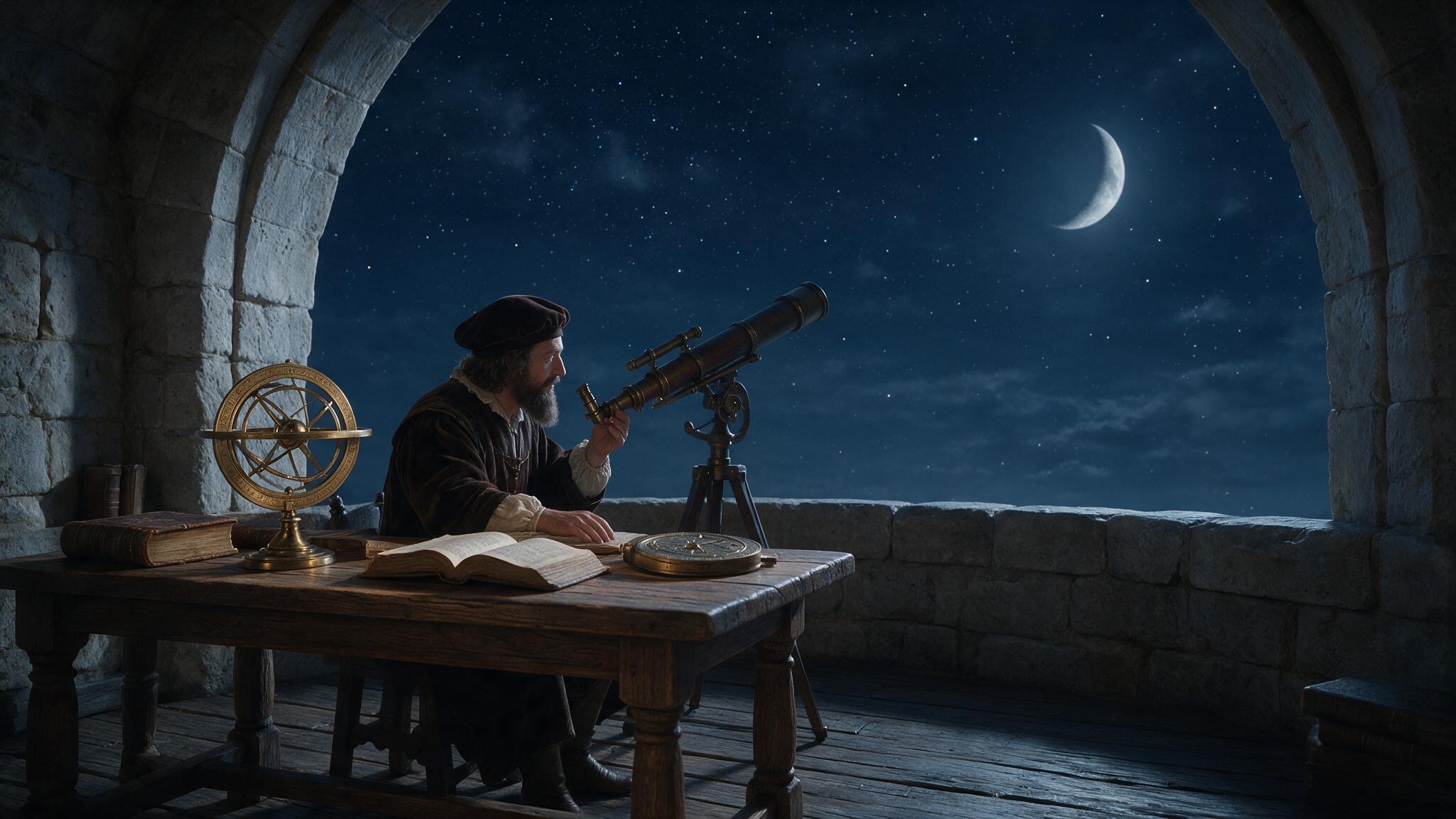 Cientista renascentista com astrolábio e livros antigos observando o céu noturno através de um telescópio primitivo