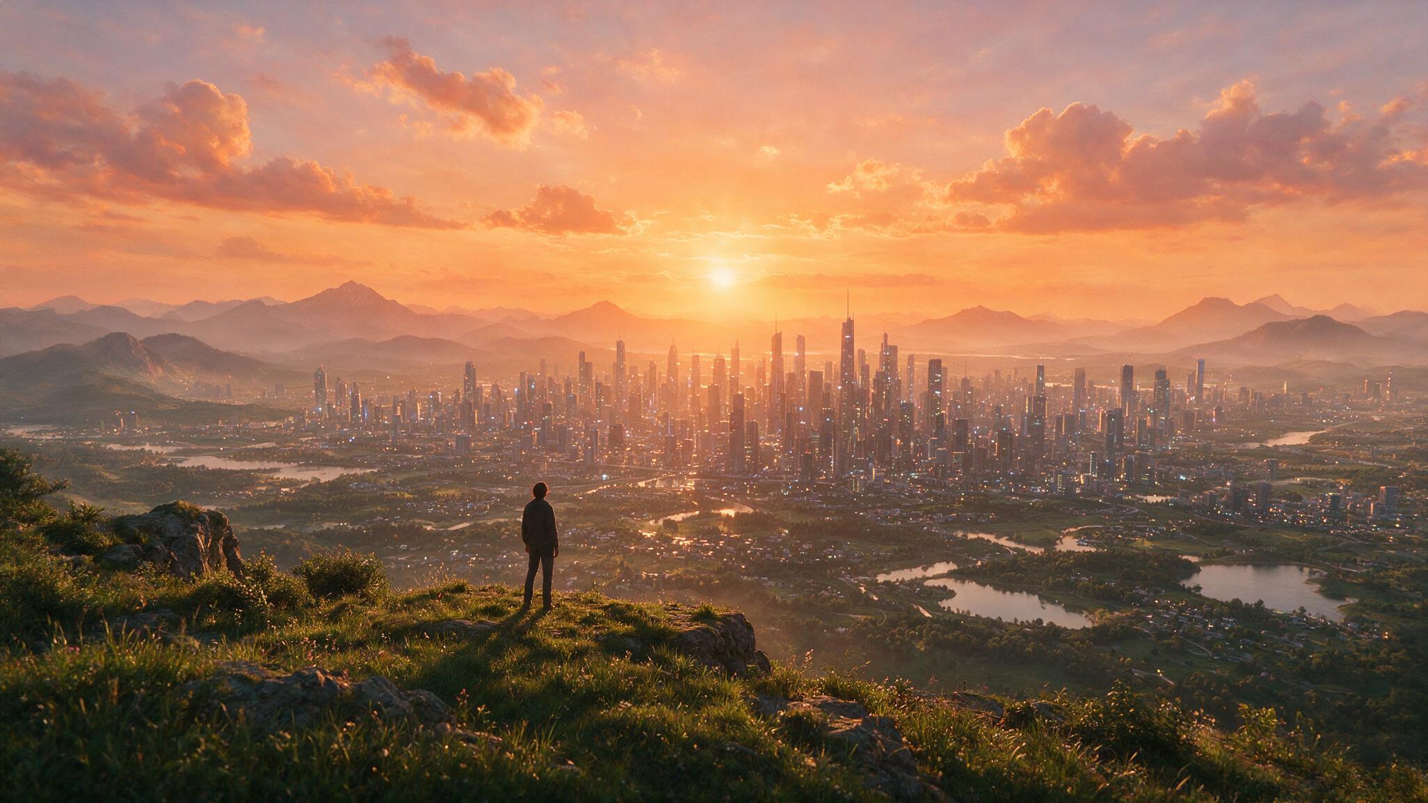 Pessoa solitária em um penhasco ao pôr do sol observando um horizonte futurista, simbolizando a reflexão sobre felicidade e o futuro da humanidade