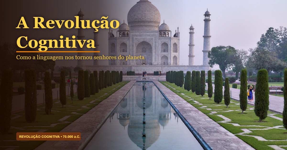 Silhuetas de humanos evoluindo ao longo do tempo contra um céu dramático âmbar, representando a Revolução Cognitiva descrita em Sapiens de Harari