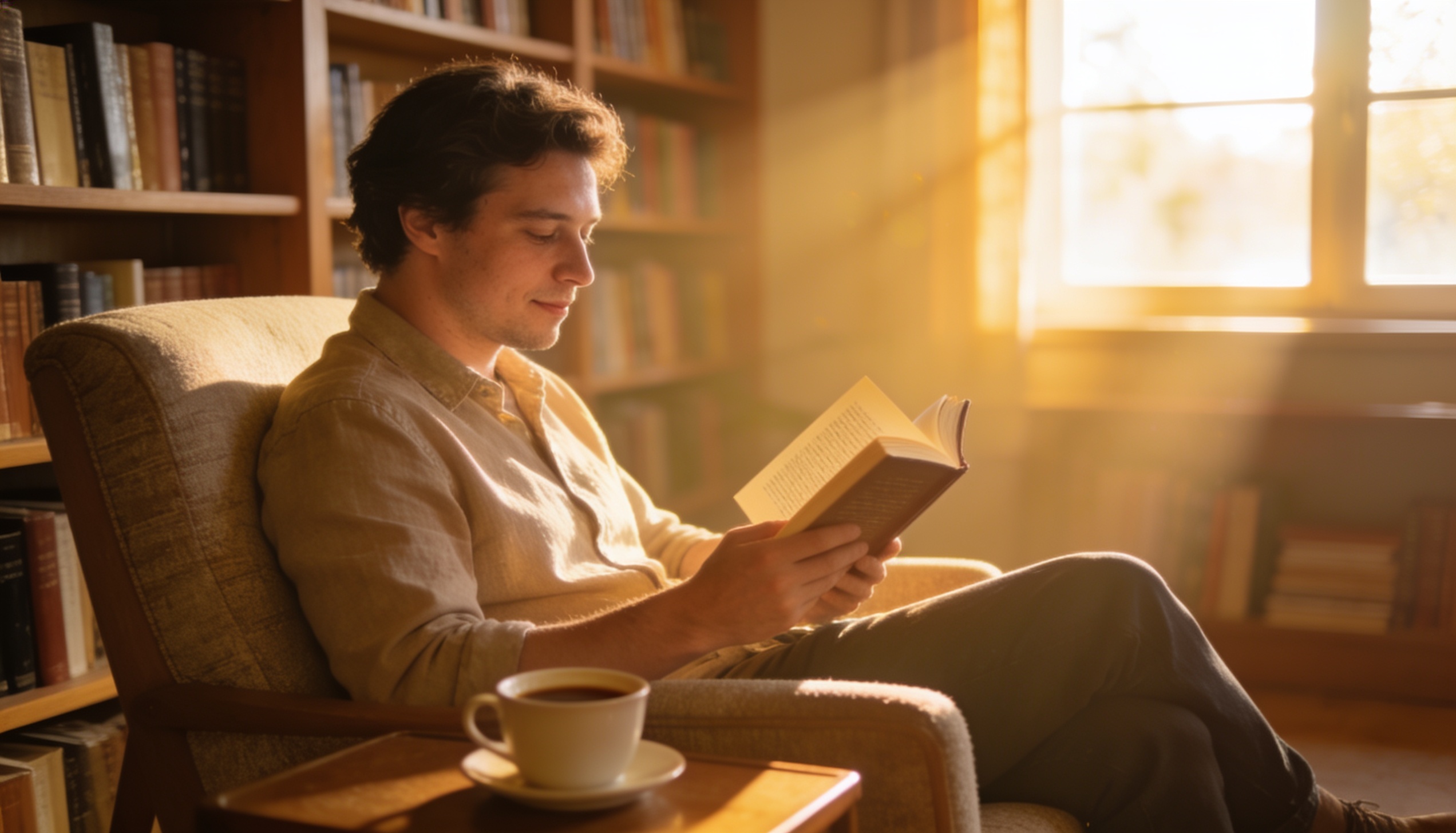 Pessoa lendo livro em poltrona aconchegante com café e luz solar da manhã — prática de leitura do método S.A.V.E.R.S.