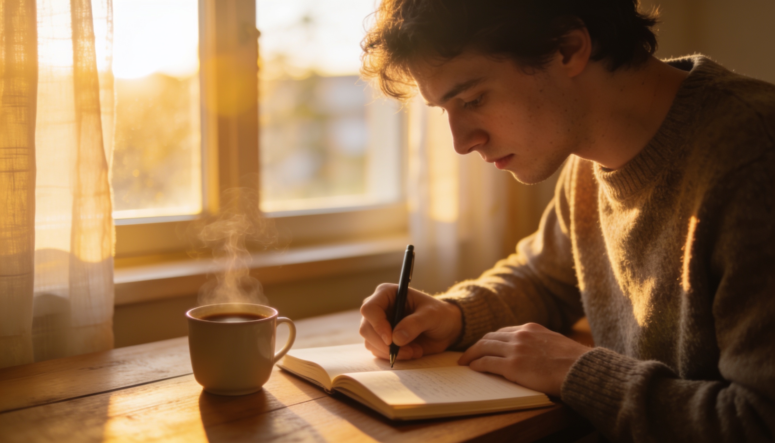 Pessoa escrevendo em diário com caneta em mesa de madeira ao amanhecer, xícara de café ao lado — prática de scribing do método S.A.V.E.R.S.