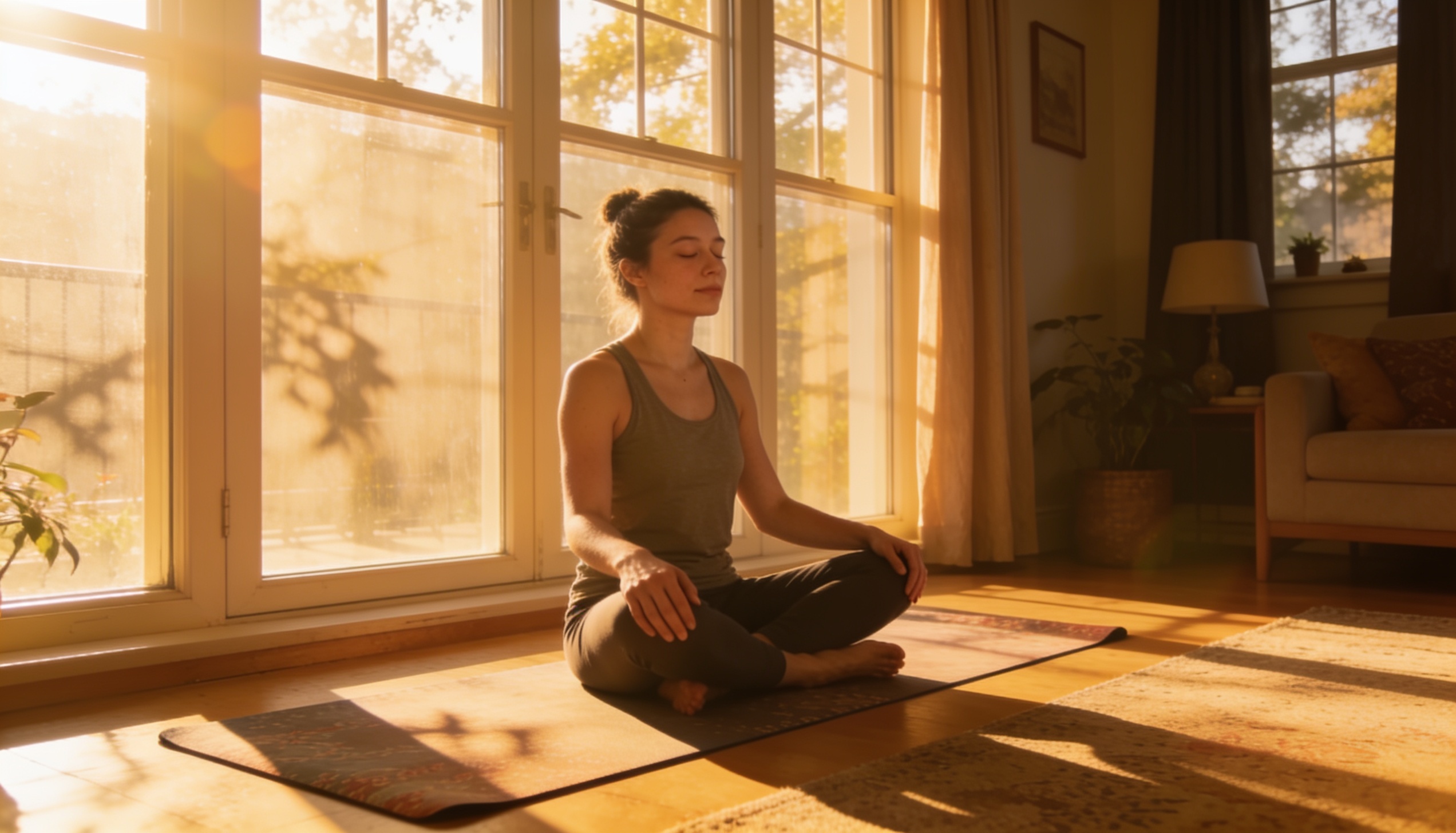 Pessoa meditando sentada ao amanhecer com luz dourada, olhos fechados, postura serena — prática de silêncio matinal do método S.A.V.E.R.S.