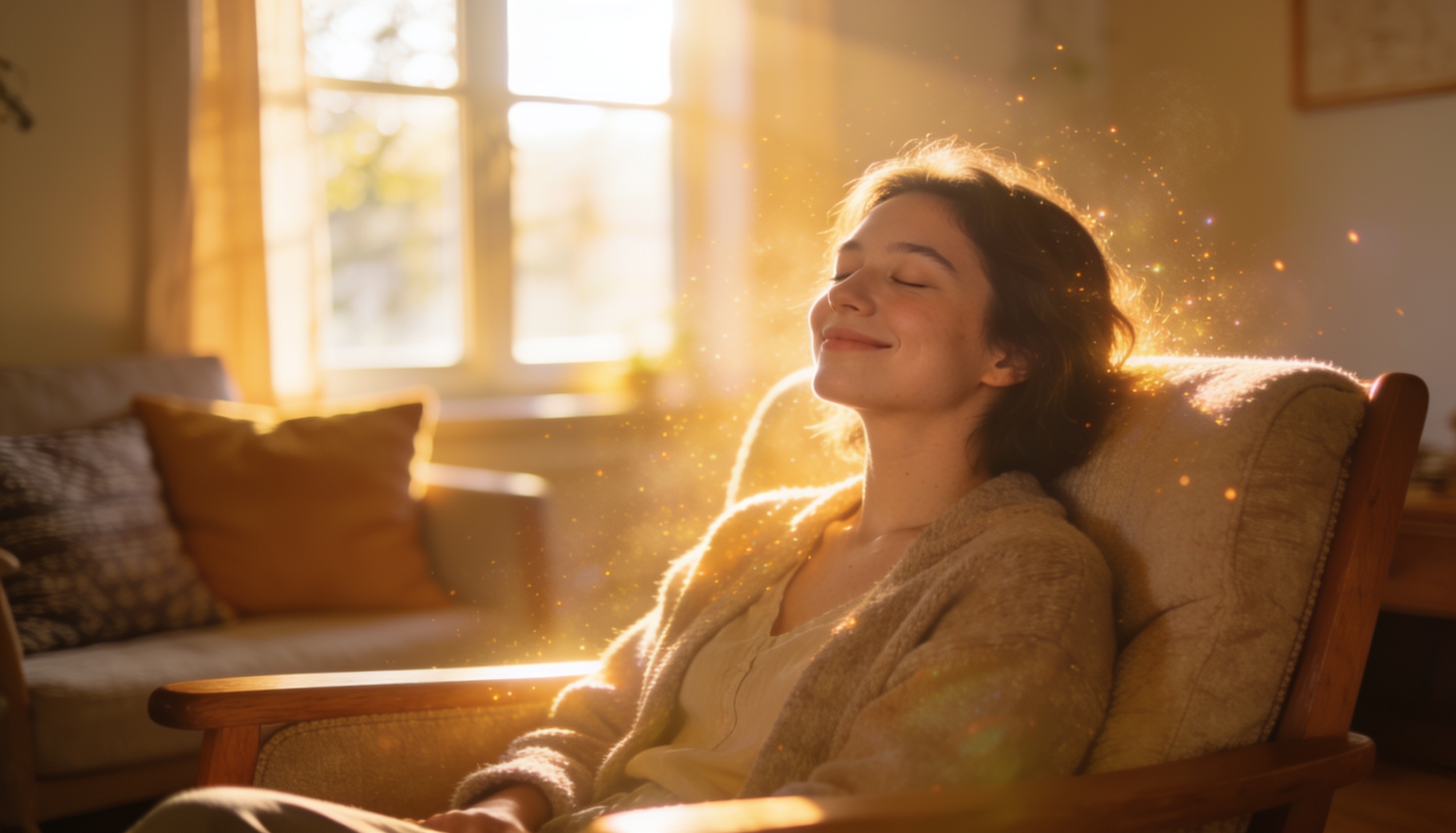 Pessoa sentada de olhos fechados com sorriso sereno e luz suave ao redor — prática de visualização criativa do método S.A.V.E.R.S.