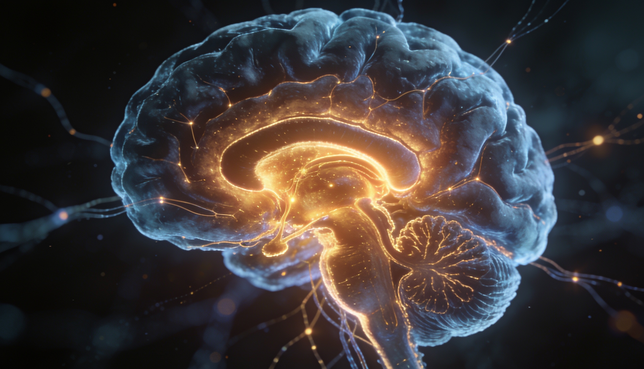 Corte transversal fotorrealista do cérebro humano com sistema límbico destacado em âmbar dourado e neocórtex em azul-cinza, conexões neurais visíveis como fibras de luz — representação da neurociência das decisões por propósito