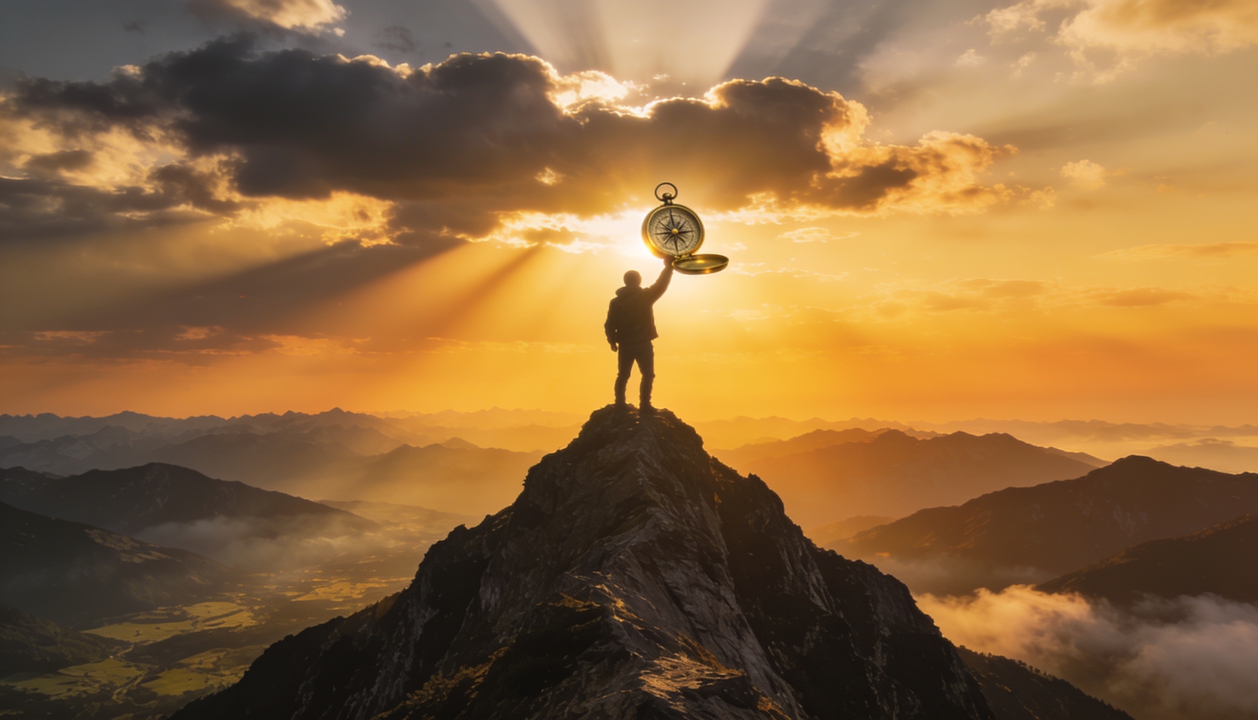 Figura solitária no cume de uma montanha ao nascer do sol dourado, segurando uma bússola de latão que capta a luz, raios de luz atravessando nuvens dramáticas, vales envoltos em névoa abaixo — metáfora do propósito e clareza de visão