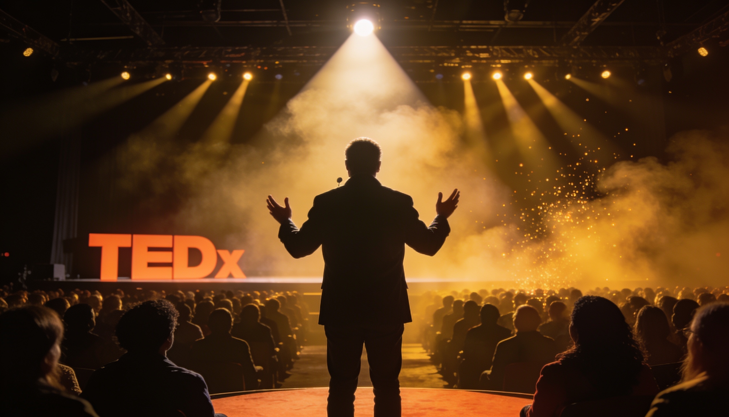 Líder visionário no palco de uma grande conferência estilo TED, com holofote único cortando a escuridão e plateia de milhares silenciada — representação do poder de inspirar pelo Porquê segundo Simon Sinek