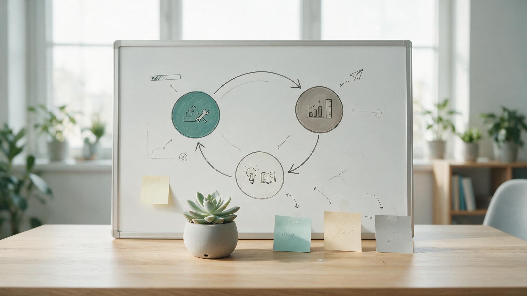 Quadro branco minimalista com ciclo de construir-medir-aprender esboçado, post-its e suculenta em mesa moderna, simbolizando experimentação enxuta