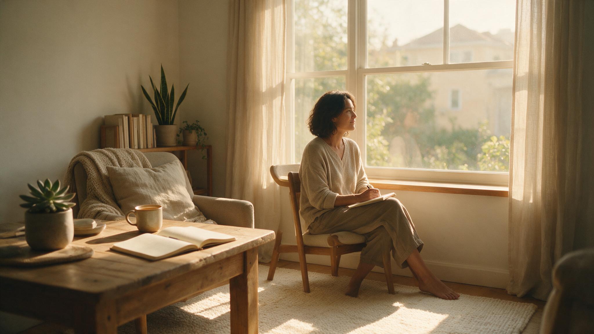 Pessoa sentada perto de uma janela com luz da manhã, diário aberto sobre mesa de madeira, ambiente minimalista, simbolizando foco no que realmente importa