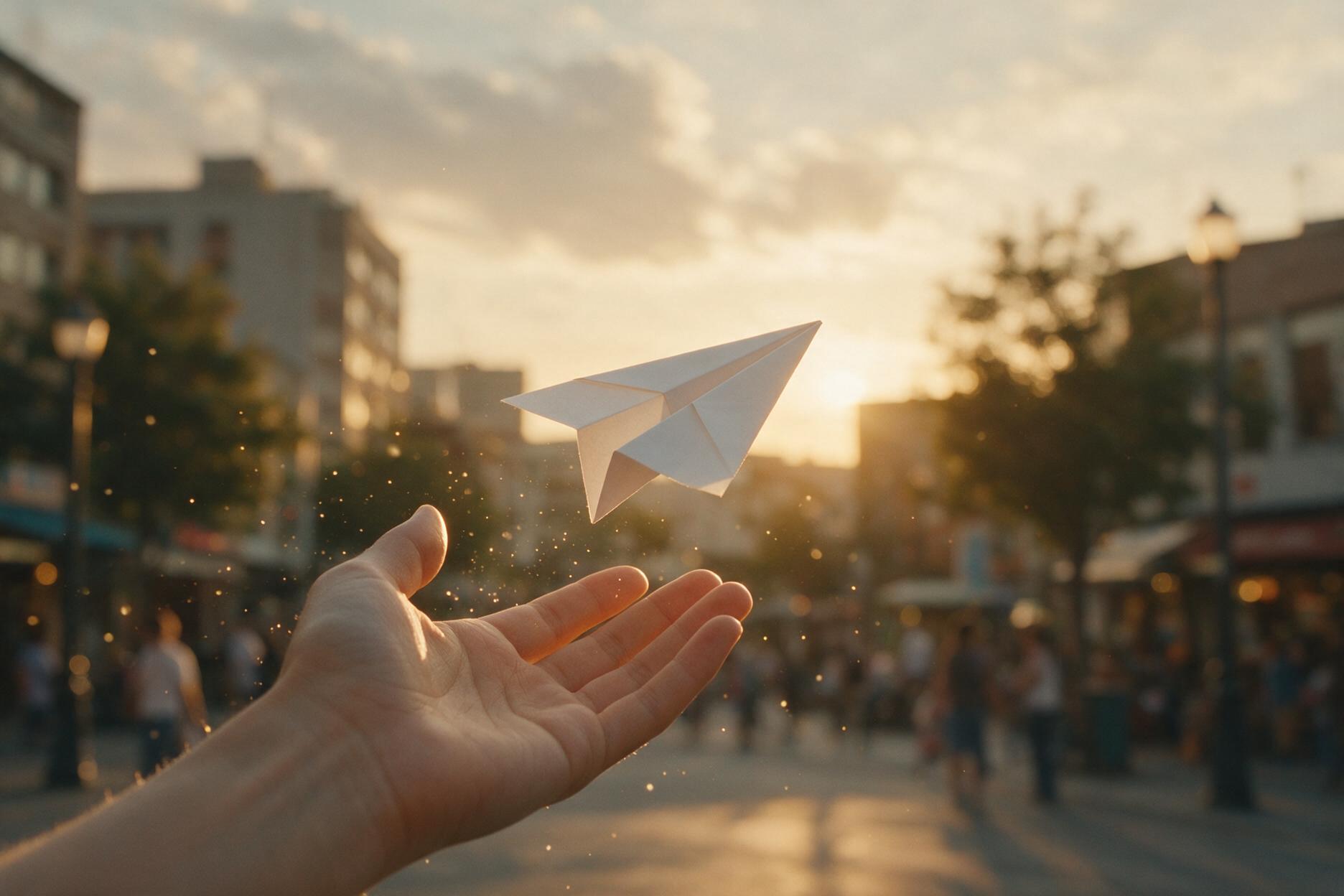 Mão aberta soltando um avião de papel contra fundo urbano ao entardecer, simbolizando soltar o que não importa