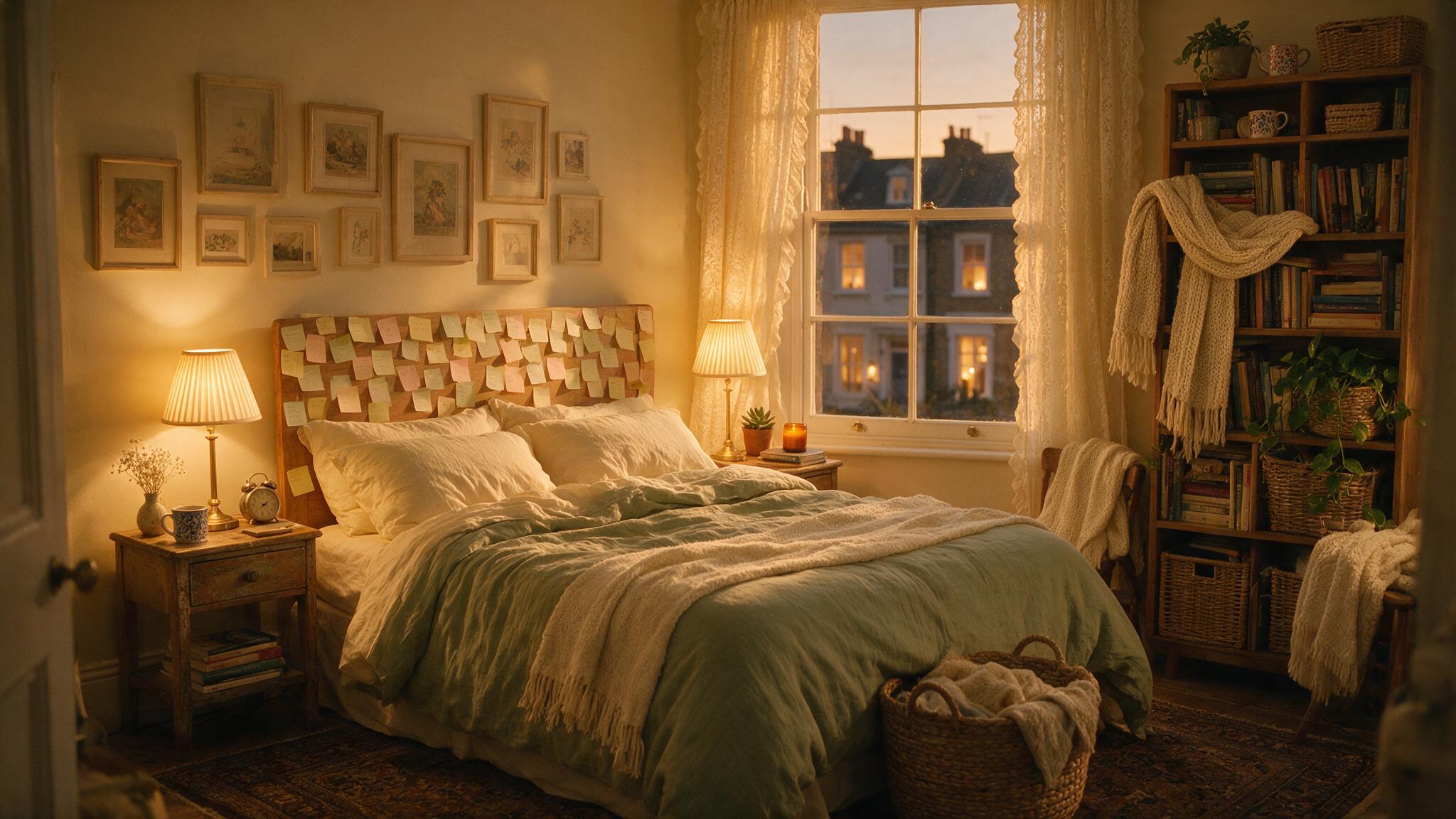 Quarto pequeno de apartamento em Londres compartilhado por colegas, notas adesivas coladas na cabeceira da cama como sistema de comunicação, luz quente da noite através da janela.
