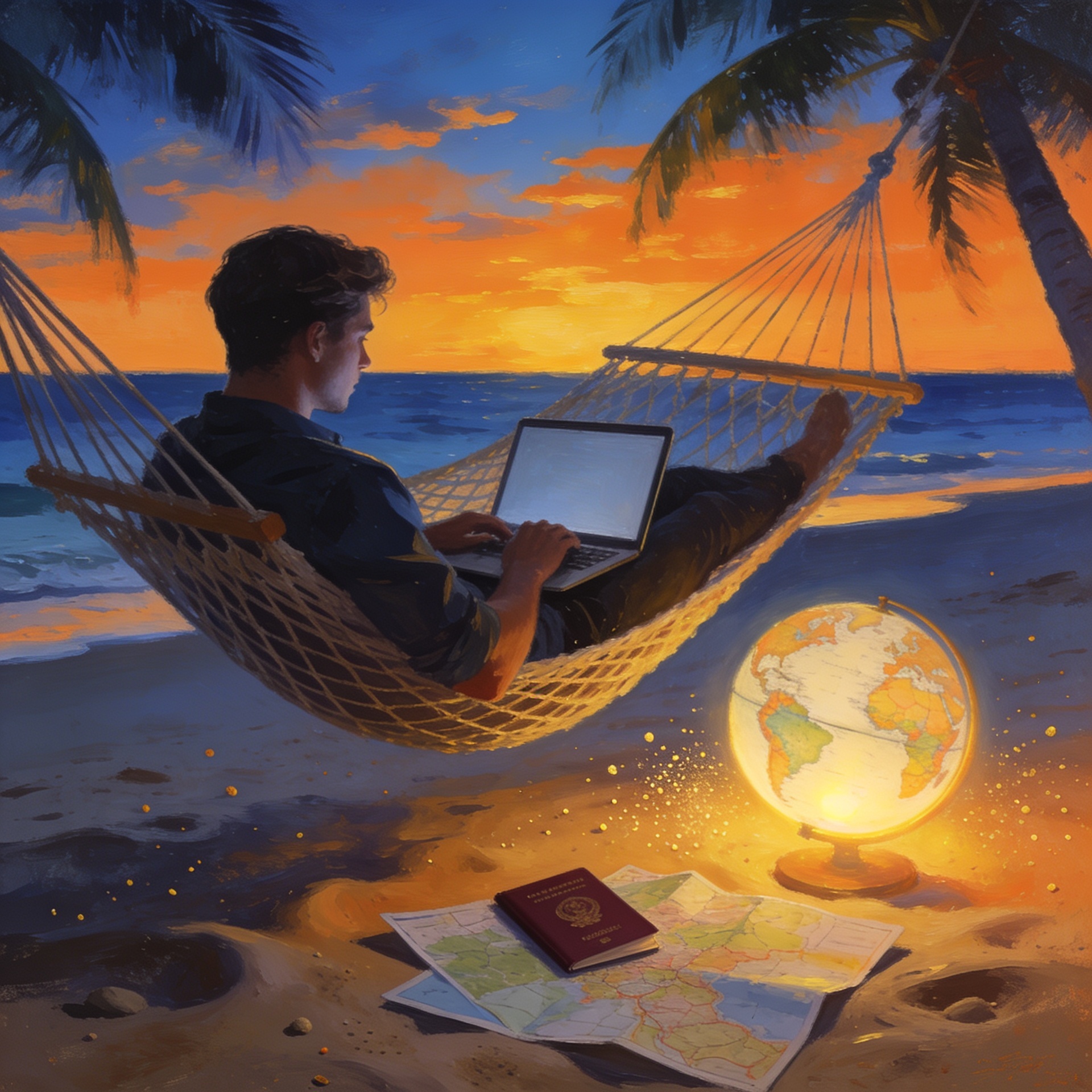 Empreendedor jovem trabalhando em laptop na rede em praia tropical ao pôr do sol com mapas de viagem e passaporte ao lado, ilustrando a filosofia de liberdade geográfica e vida plena de Tim Ferriss