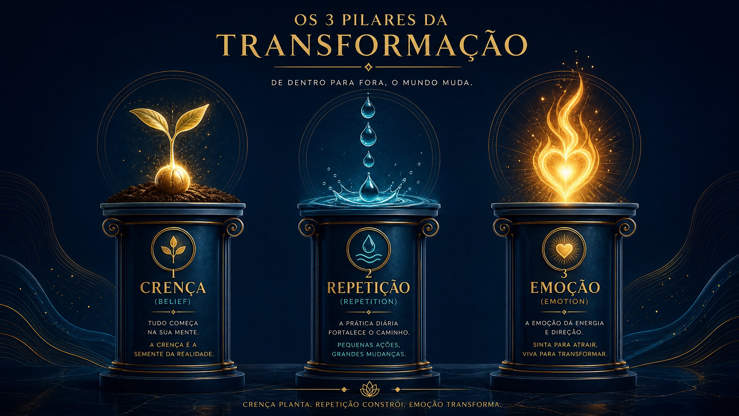 Infográfico com três colunas representando os pilares da transformação mental Crença Repetição e Emoção com símbolos dourados e azul escuro