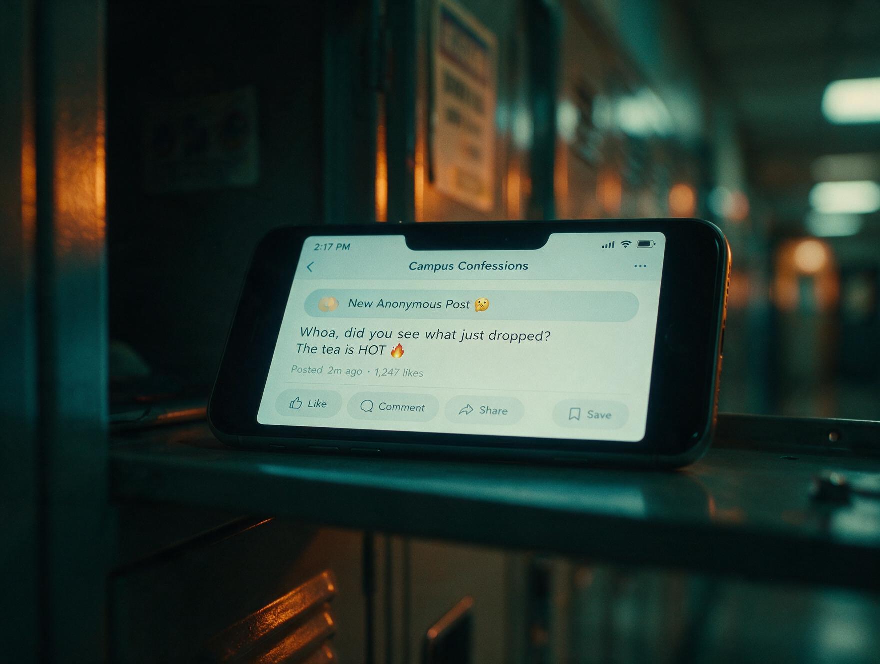 Smartphone sobre um armário escolar exibindo notificação de aplicativo de fofocas anônimo, corredor desfocado ao fundo, tons de azul e laranja.