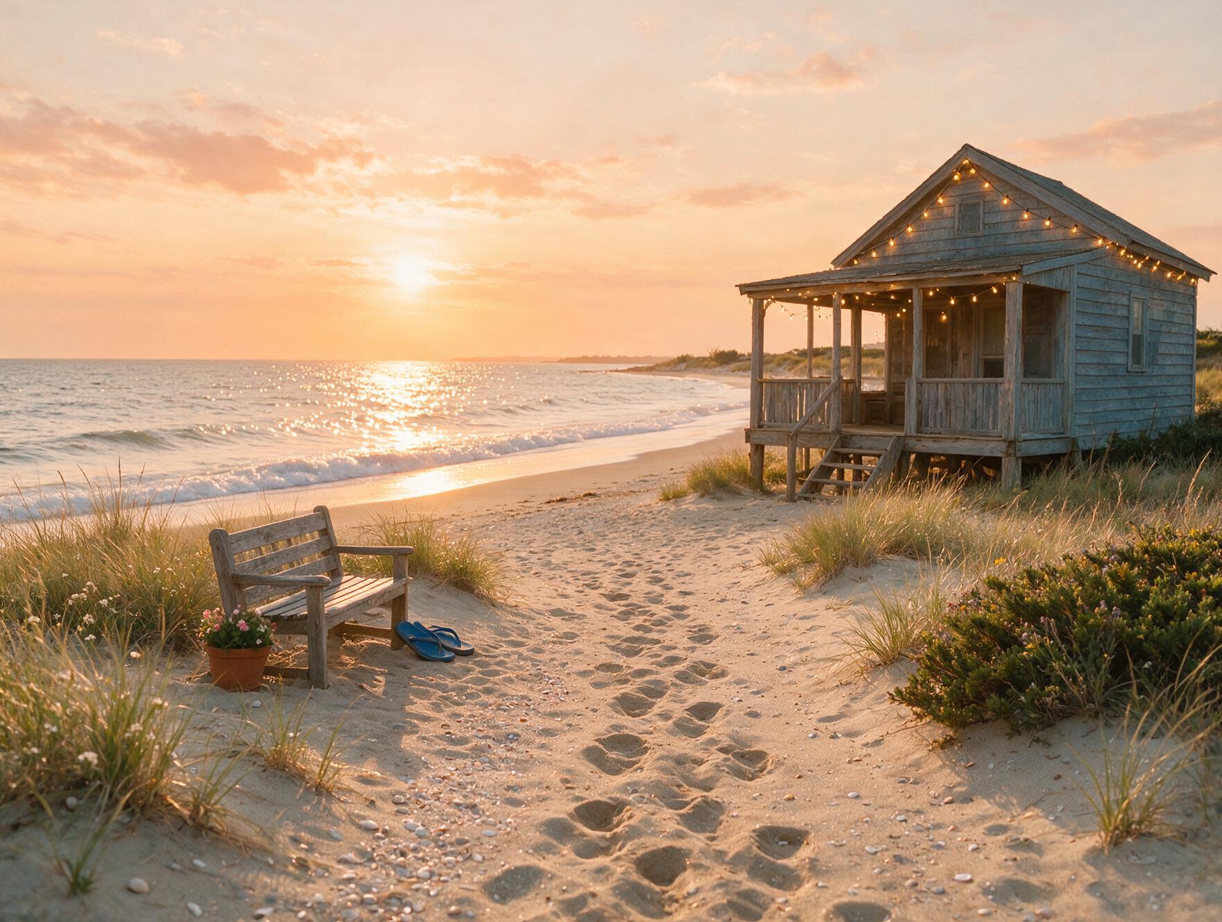 Trilha de areia até o oceano ao pôr do sol, pegadas na areia, casa de praia antiga com luzes ao fundo em foco suave.