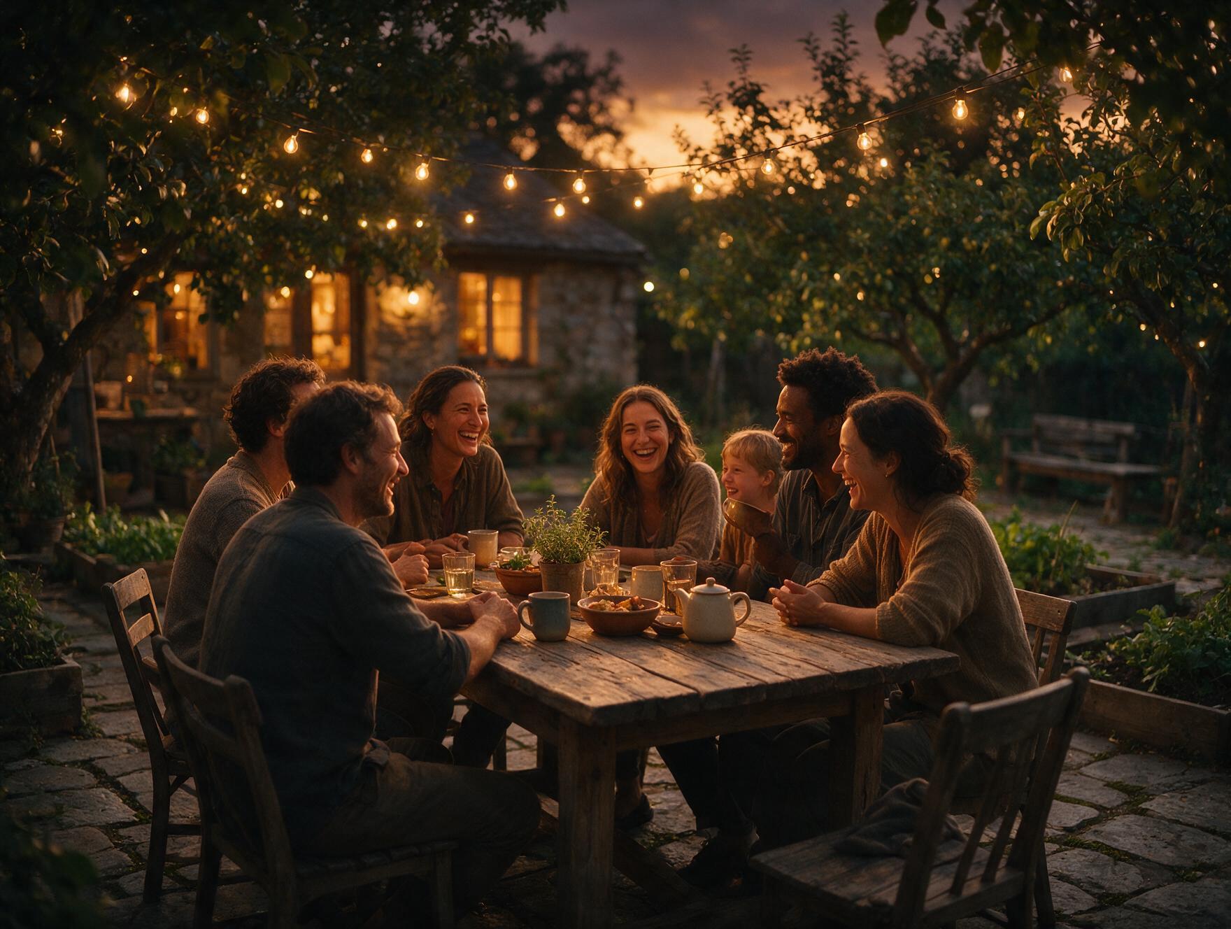 Grupo de pessoas reunidas à mesa ao entardecer, conversando de forma descontraída