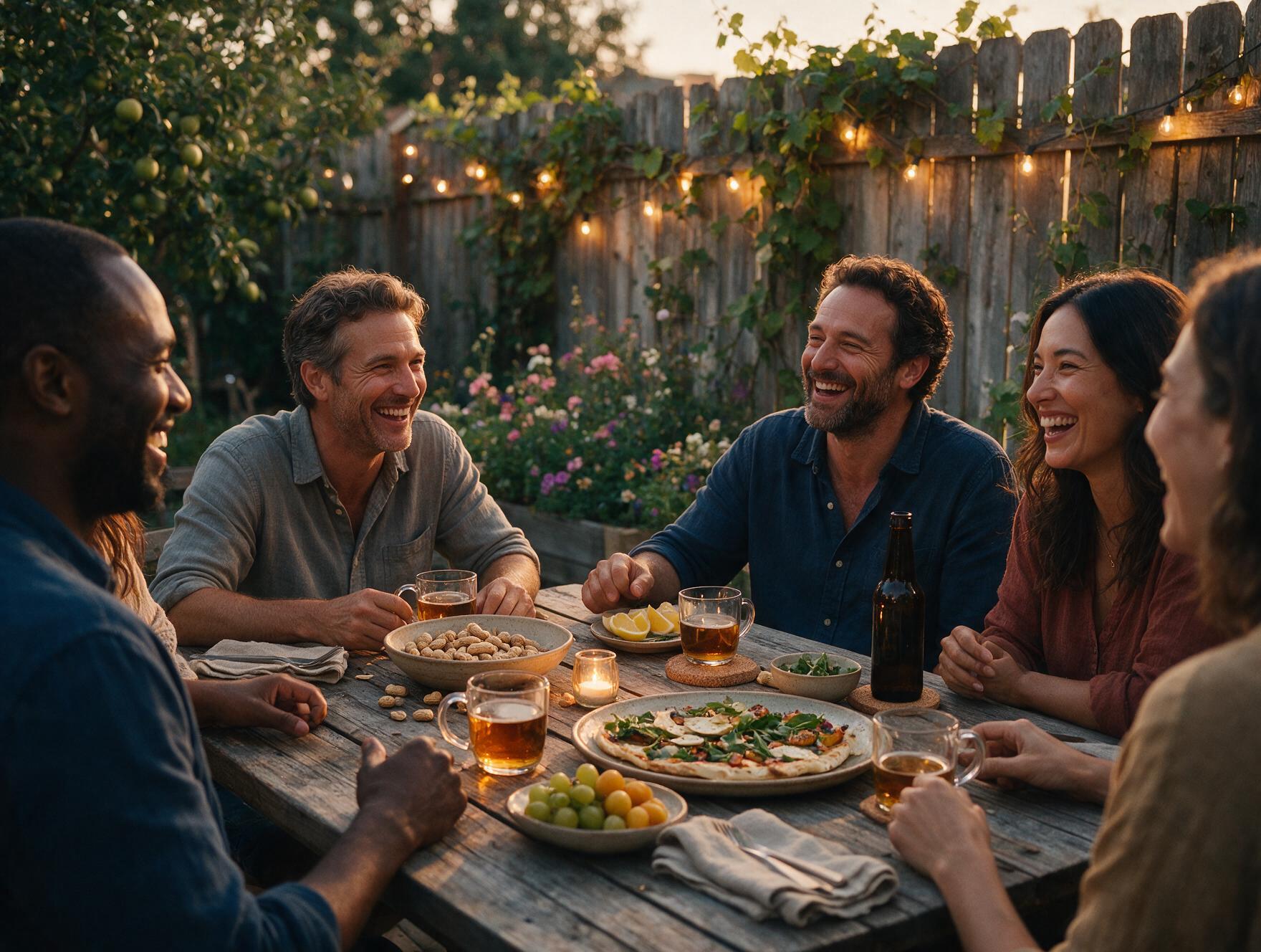 Grupo de amigos adultos reunidos ao redor de uma mesa ao ar livre durante o entardecer, conversando e rindo