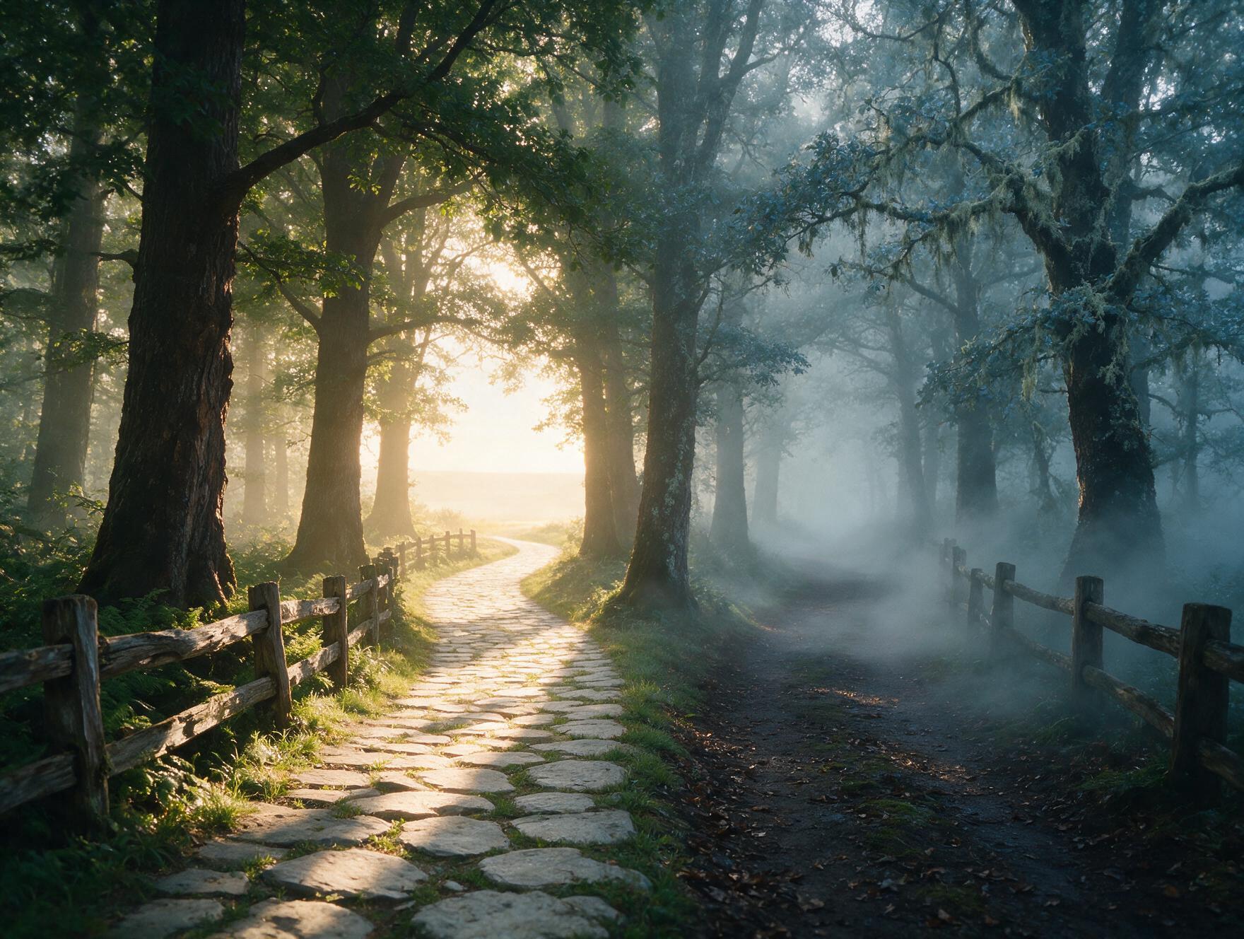 Dois caminhos se separam em uma floresta com neblina, um levando a um horizonte iluminado e outro se perdendo na névoa