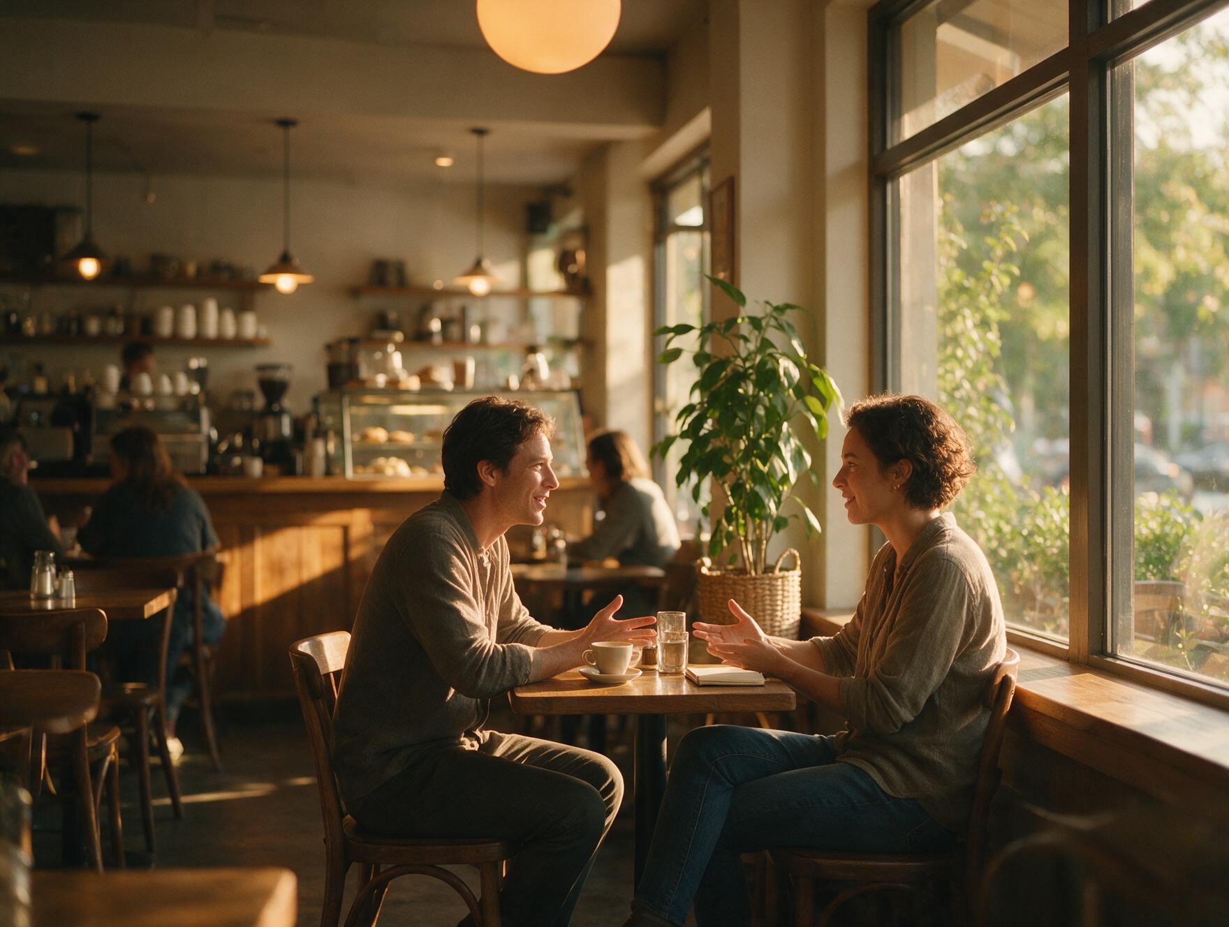 Duas pessoas conversando em mesa de café com postura aberta e relaxada