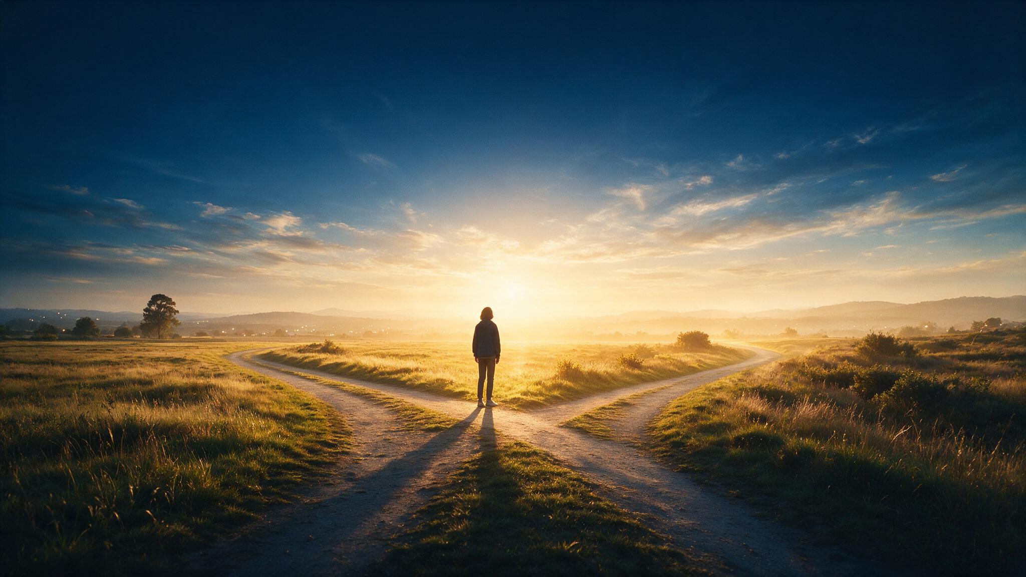 Pessoa em uma encruzilhada de caminhos ao entardecer, simbolizando uma decisão de carreira guiada pelos próprios talentos