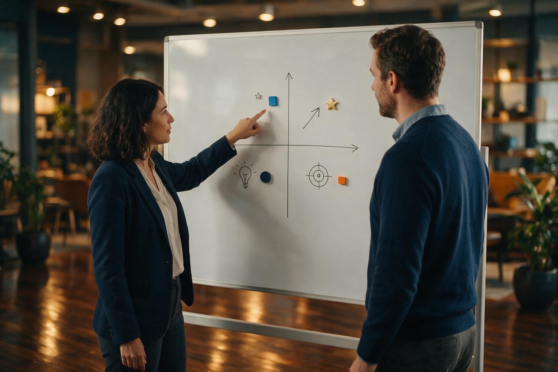 Colegas discutindo os quatro domínios de talento em um quadro branco de forma colaborativa