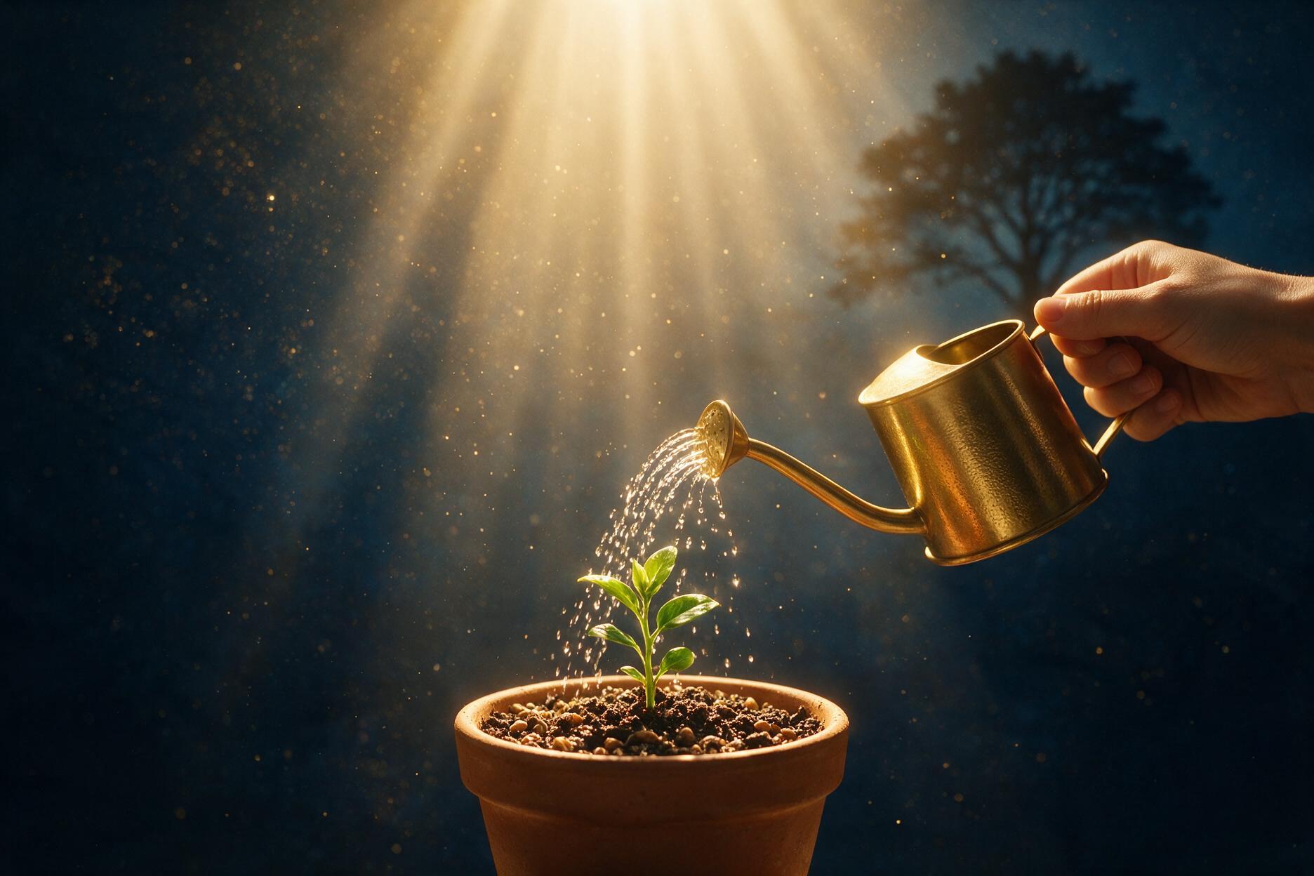 Mão regando uma planta jovem sob luz dourada, simbolizando o investimento de esforço para transformar talento em ponto forte